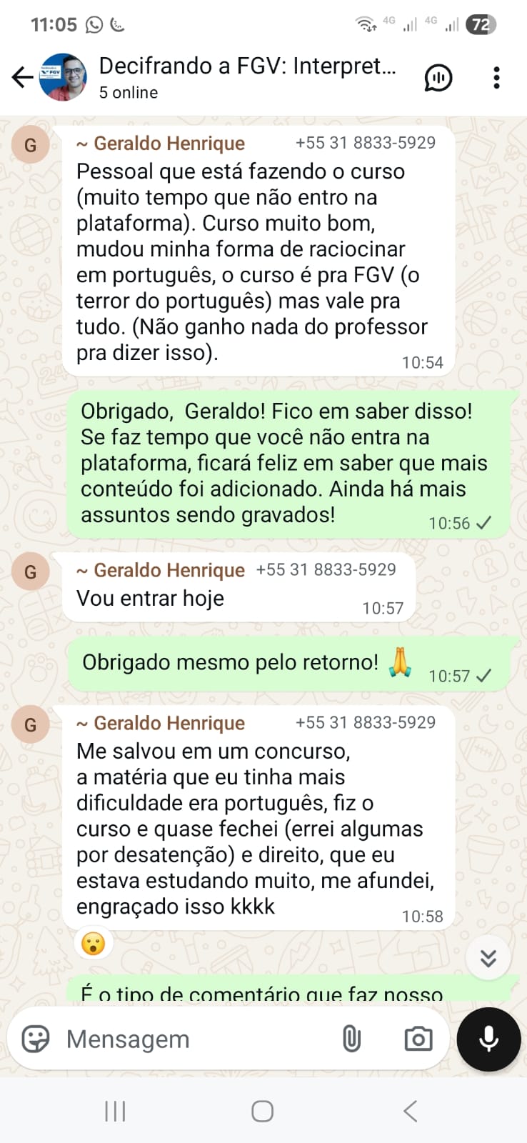 Depoimento de aluno no WhatsApp