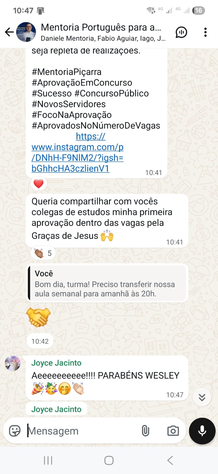 Depoimento de aluno no Instagram